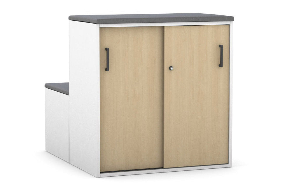 Uniform Activity Module - Med Sliding 2 Door Credenza with Low Sliding 2 Door Credenza - Seat Cushion [Black Handle]-Slate grey maple  