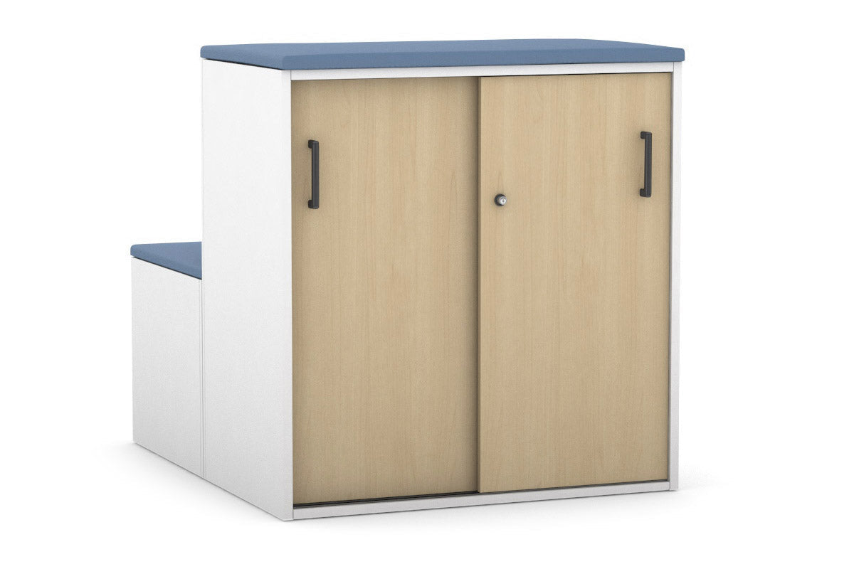 Uniform Activity Module - Med Sliding 2 Door Credenza with Low Sliding 2 Door Credenza - Seat Cushion [Black Handle]-Cosmo blue maple  