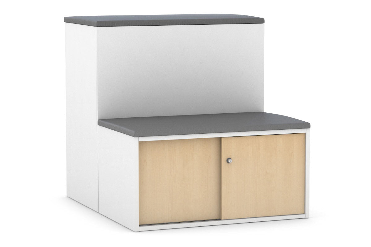 Uniform Activity Module - Med Sliding 2 Door Credenza with Low Sliding 2 Door Credenza - Seat Cushion [Black Handle]-Slate grey maple  