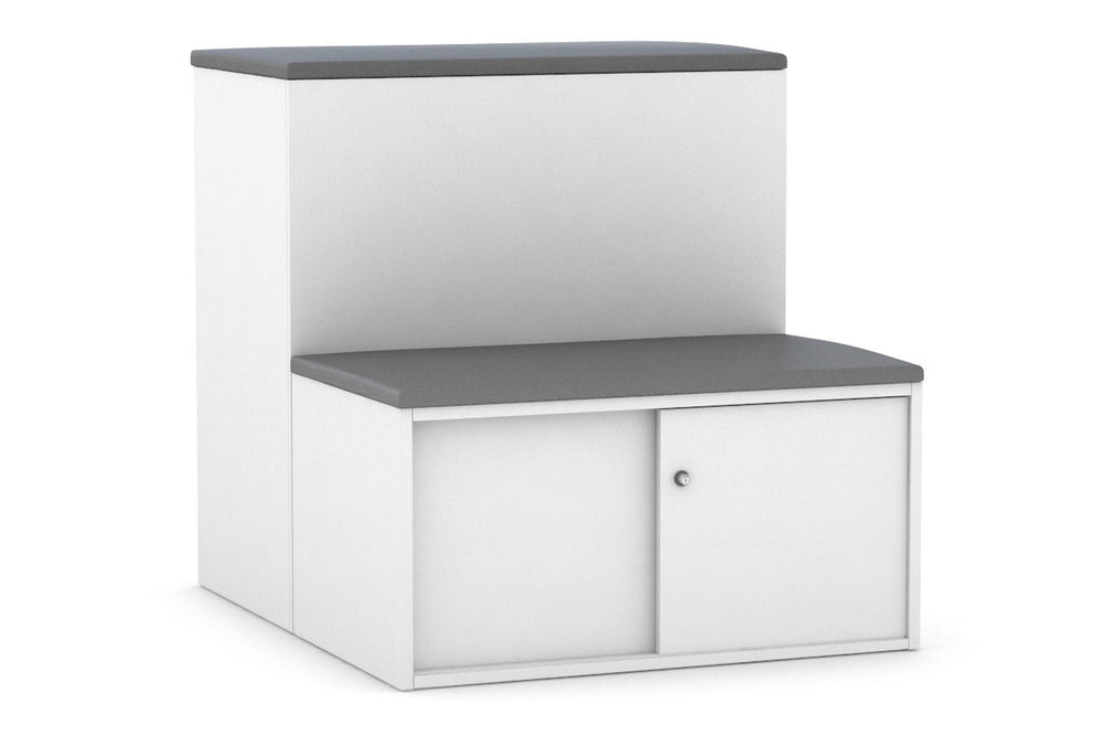 Uniform Activity Module - Med Sliding 2 Door Credenza With Low Sliding 2 Door Credenza - Seat Cushion [Silver Handle]-Slate grey maple  