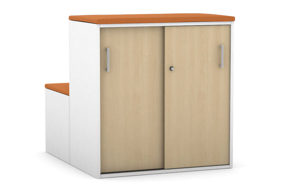 Uniform Activity Module - Med Sliding 2 Door Credenza With Low Sliding 2 Door Credenza - Seat Cushion [Silver Handle]-Squash orange maple  