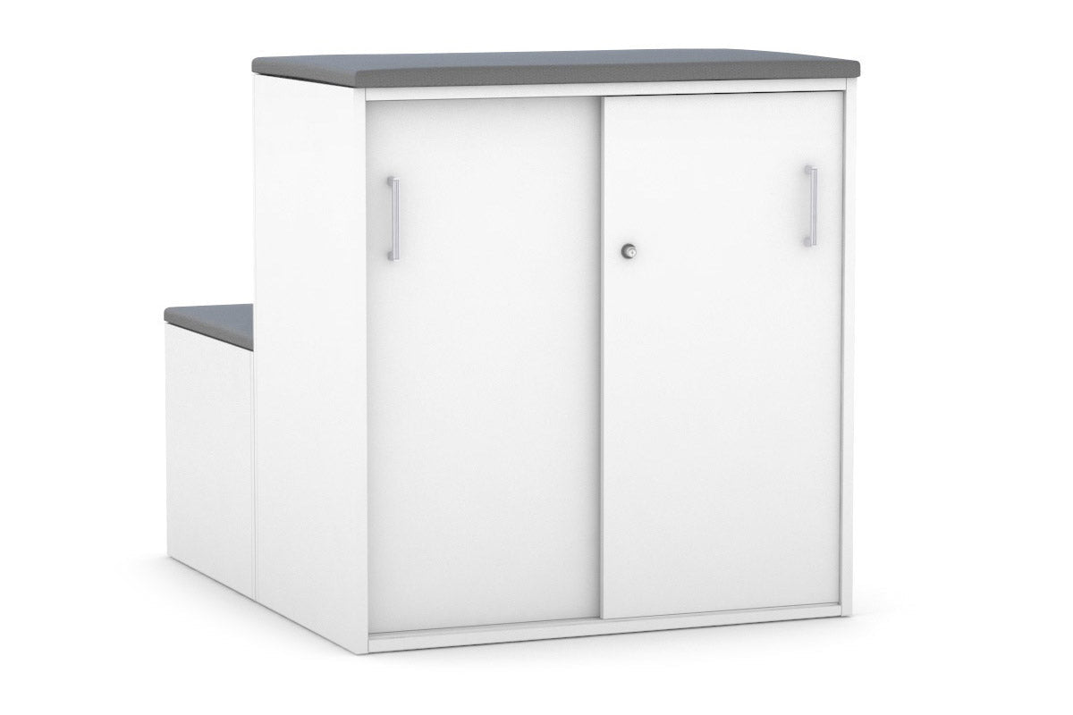 Uniform Activity Module - Med Sliding 2 Door Credenza With Low Sliding 2 Door Credenza - Seat Cushion [Silver Handle]-Slate grey white  