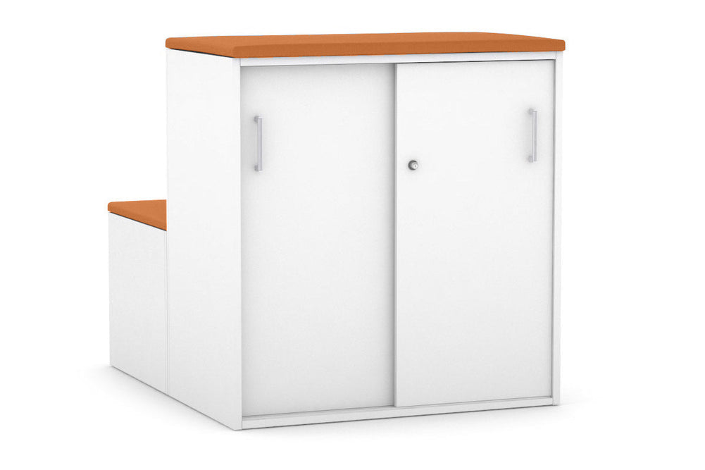 Uniform Activity Module - Med Sliding 2 Door Credenza With Low Sliding 2 Door Credenza - Seat Cushion [Silver Handle]-Squash orange white  