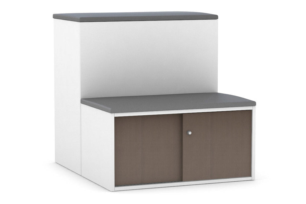 Uniform Activity Module - Med Sliding 2 Door Credenza With Low Sliding 2 Door Credenza - Seat Cushion [White Handle]-Slate grey maple  
