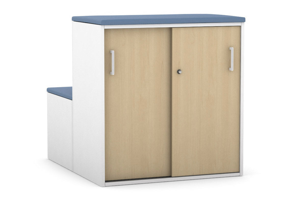 Uniform Activity Module - Med Sliding 2 Door Credenza With Low Sliding 2 Door Credenza - Seat Cushion [White Handle]-Cosmo blue maple  