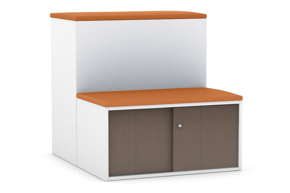 Uniform Activity Module - Med Sliding 2 Door Credenza With Low Sliding 2 Door Credenza - Seat Cushion [White Handle]-Slate grey maple  