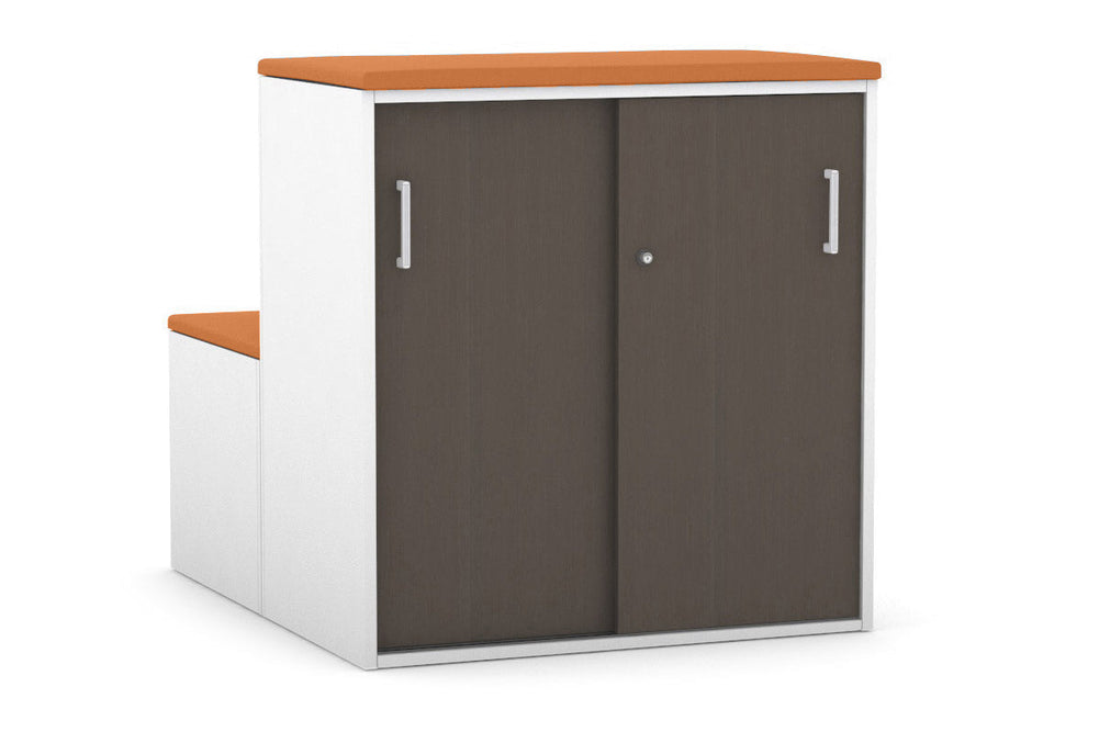 Uniform Activity Module - Med Sliding 2 Door Credenza With Low Sliding 2 Door Credenza - Seat Cushion [White Handle]-Squash orange wenge  