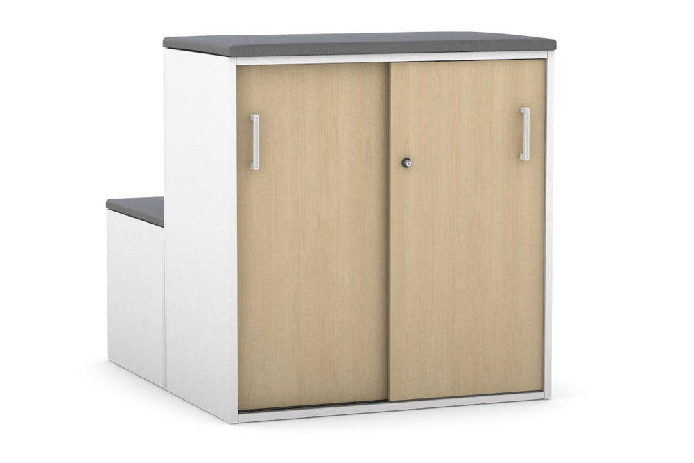 Uniform Activity Module - Med Sliding 2 Door Credenza With Low Sliding 2 Door Credenza - Seat Cushion [White Handle]-Slate grey maple  