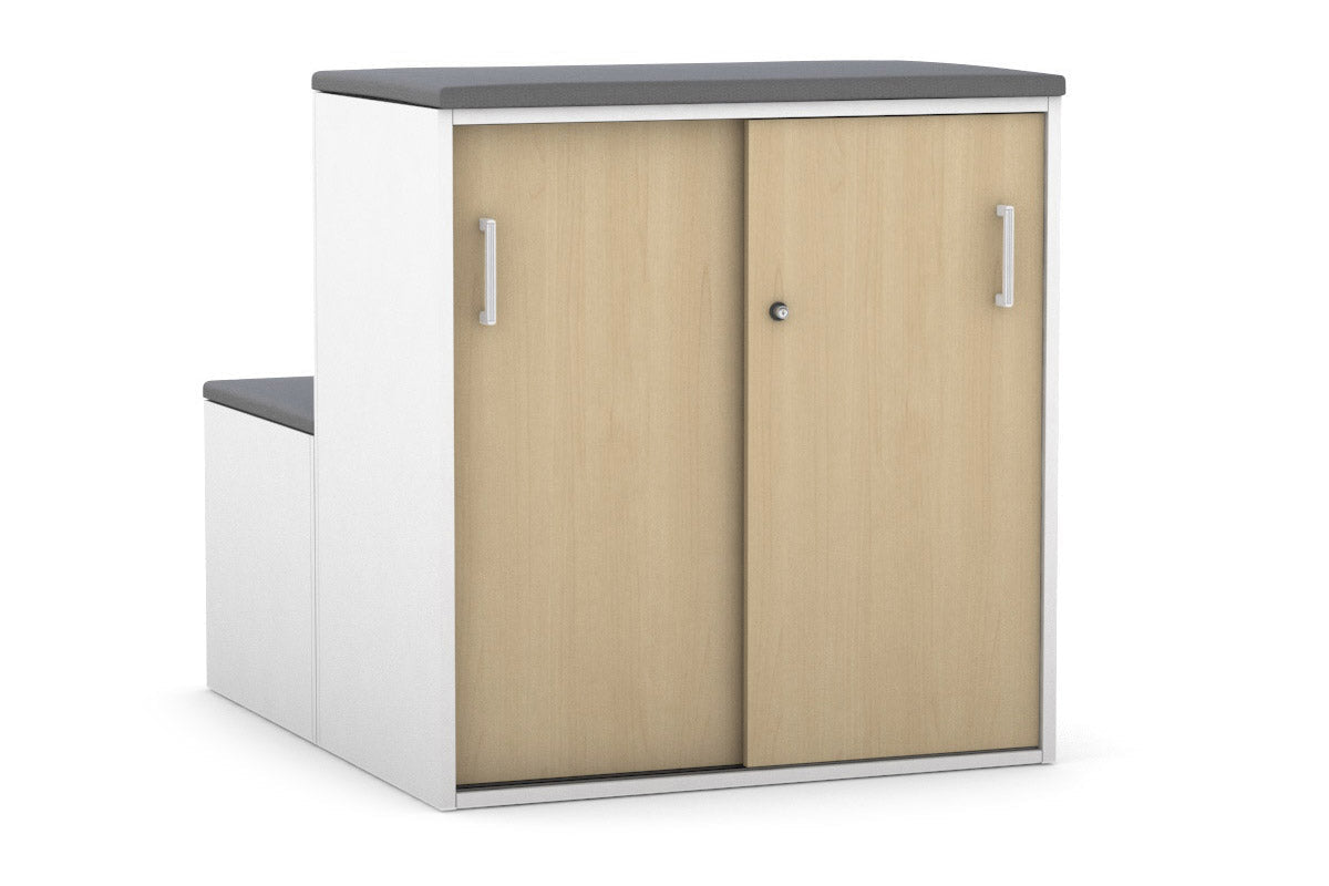 Uniform Activity Module - Med Sliding 2 Door Credenza With Low Sliding 2 Door Credenza - Seat Cushion [White Handle]-Slate grey maple  