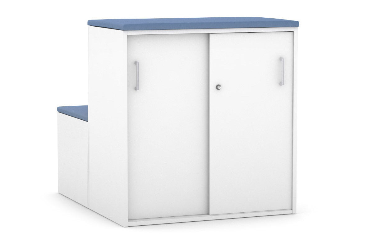 Uniform Activity Module - Med Sliding 2 Door Credenza With Low Sliding 2 Door Credenza - Seat Cushion [White Handle]-Cosmo blue white  