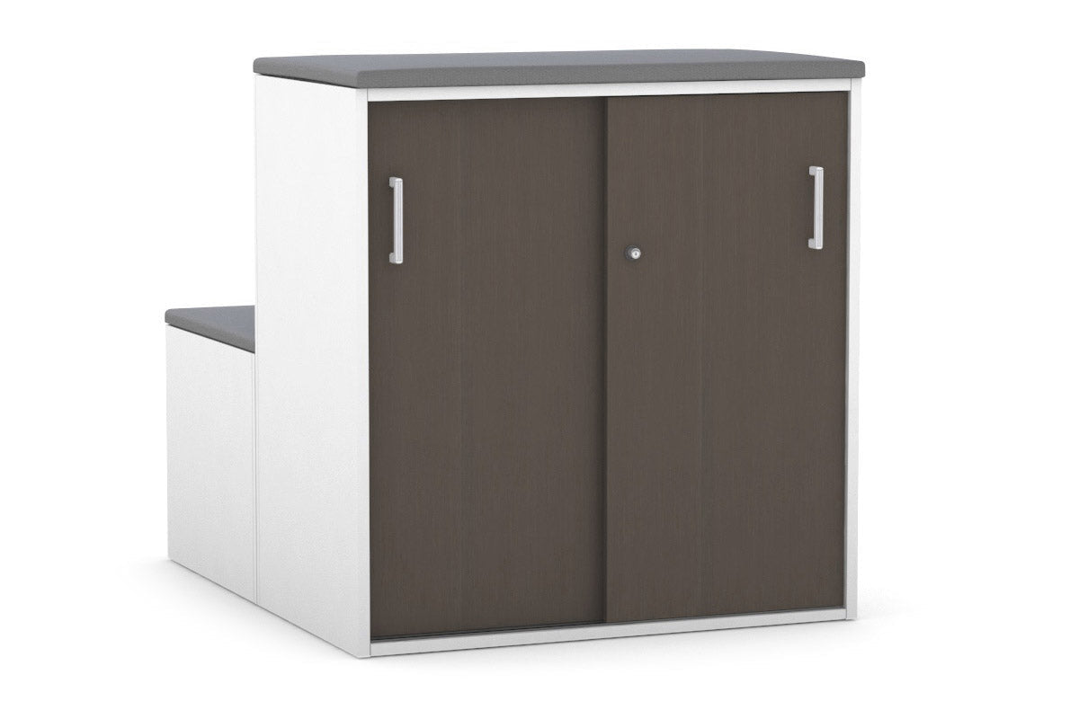 Uniform Activity Module - Med Sliding 2 Door Credenza With Low Sliding 2 Door Credenza - Seat Cushion [White Handle]-Slate grey wenge  