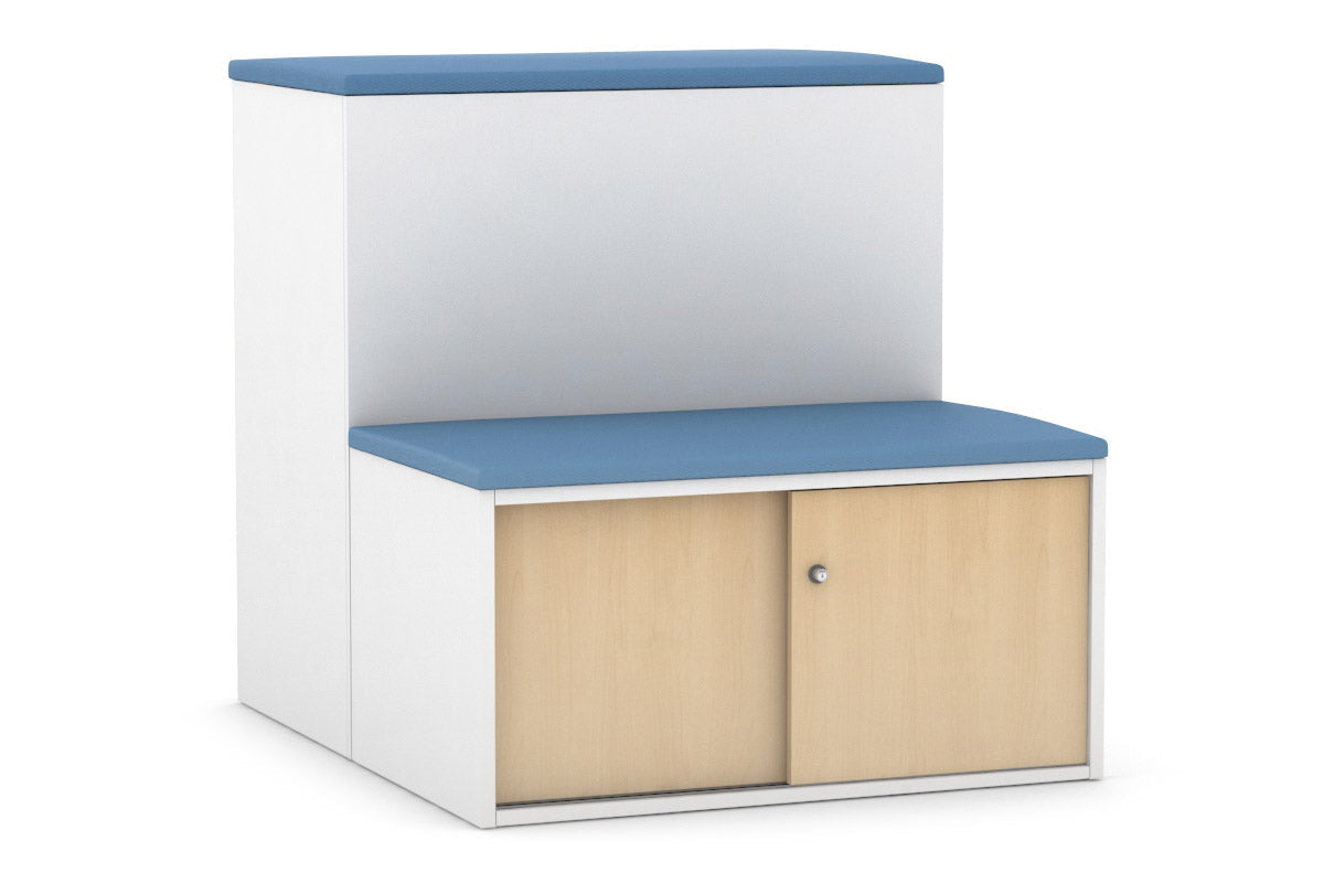 Uniform Activity Module - Med Sliding 2 Door Credenza With Low Sliding 2 Door Credenza - Seat Cushion [White Handle]-Slate grey maple  