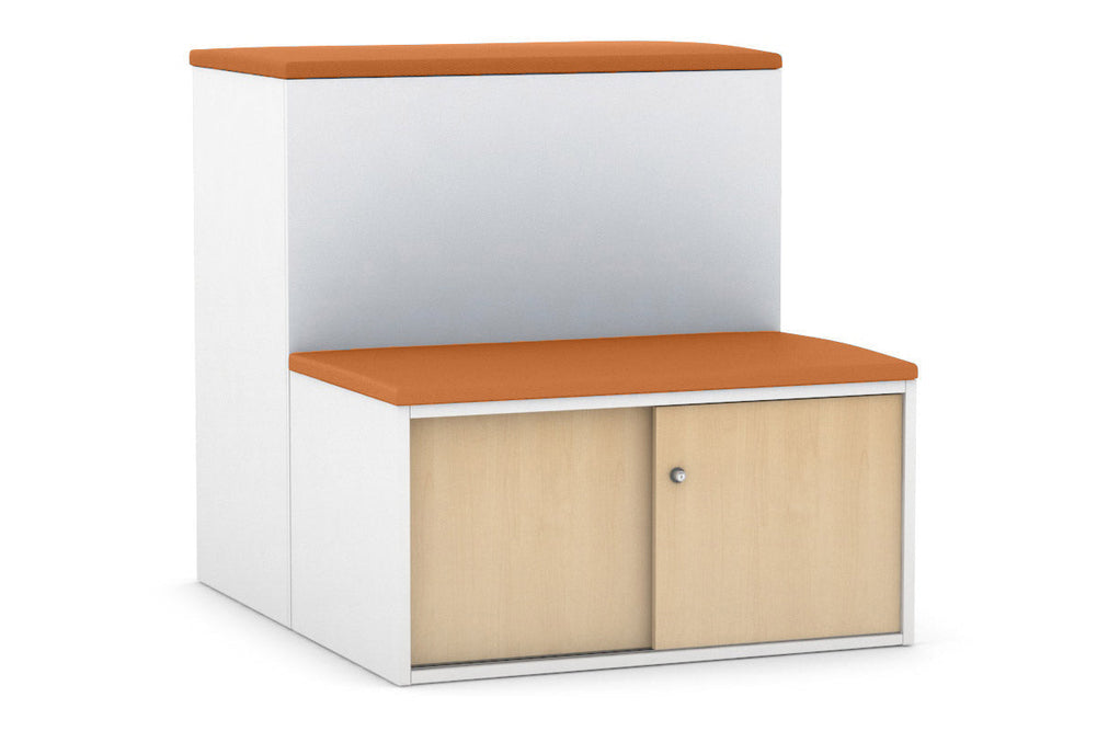 Uniform Activity Module - Med Sliding 2 Door Credenza With Low Sliding 2 Door Credenza - Seat Cushion [White Handle]-Slate grey maple  