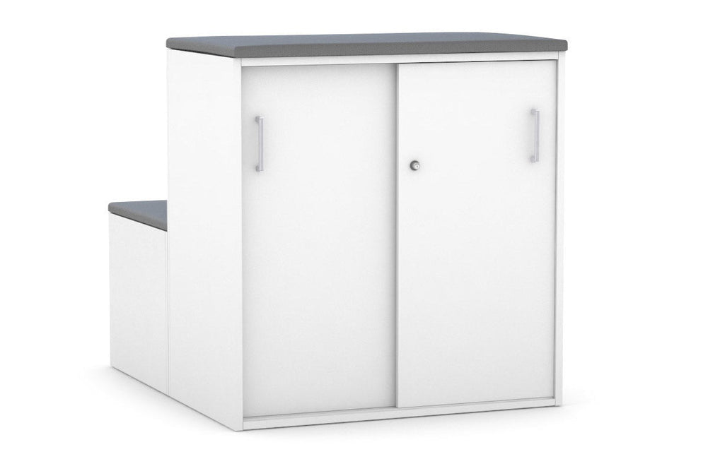 Uniform Activity Module - Med Sliding 2 Door Credenza With Low Sliding 2 Door Credenza - Seat Cushion [White Handle]-Slate grey white  