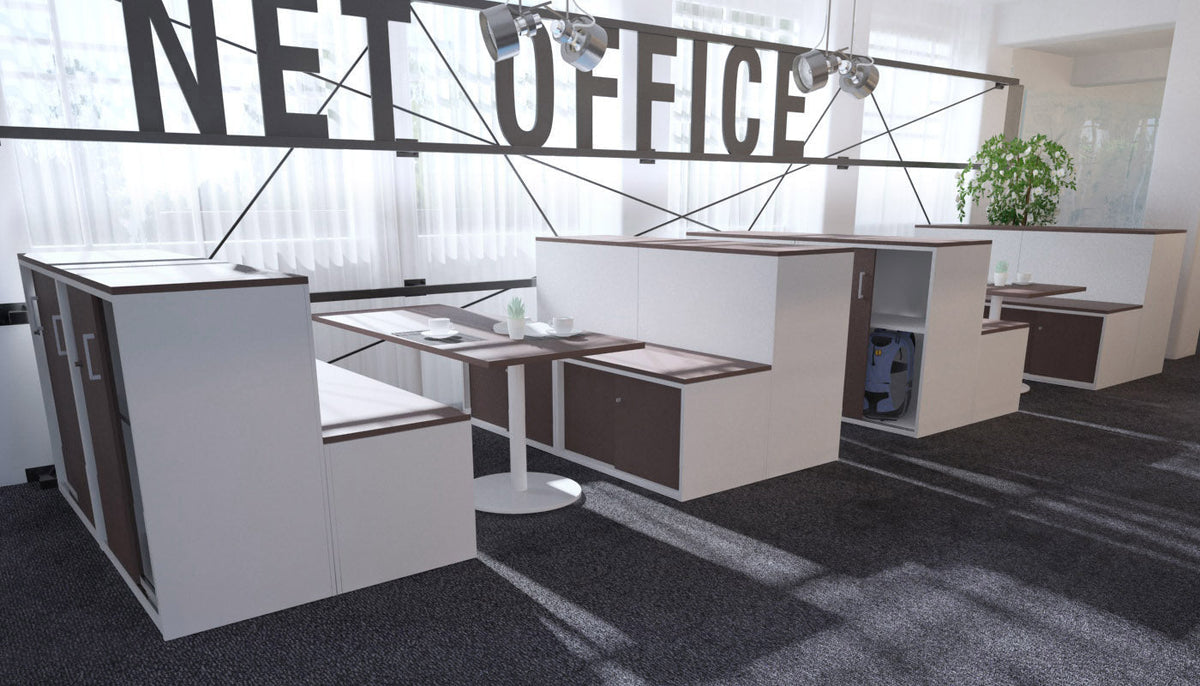 Uniform Activity Module - Med Sliding 2 Door Credenza with Low Sliding 2 Door Credenza [Silver Handle]-Wenge  