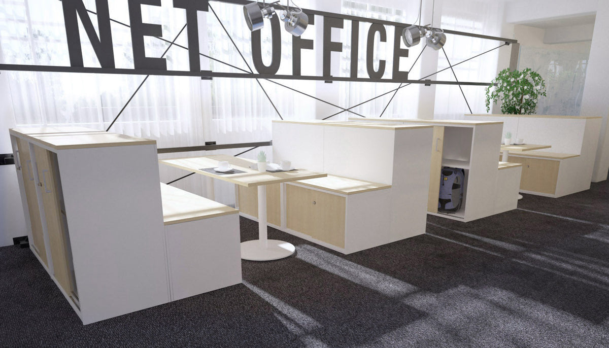Uniform Activity Module - Med Sliding 2 Door Credenza with Low Sliding 2 Door Credenza [Silver Handle]-Wenge  
