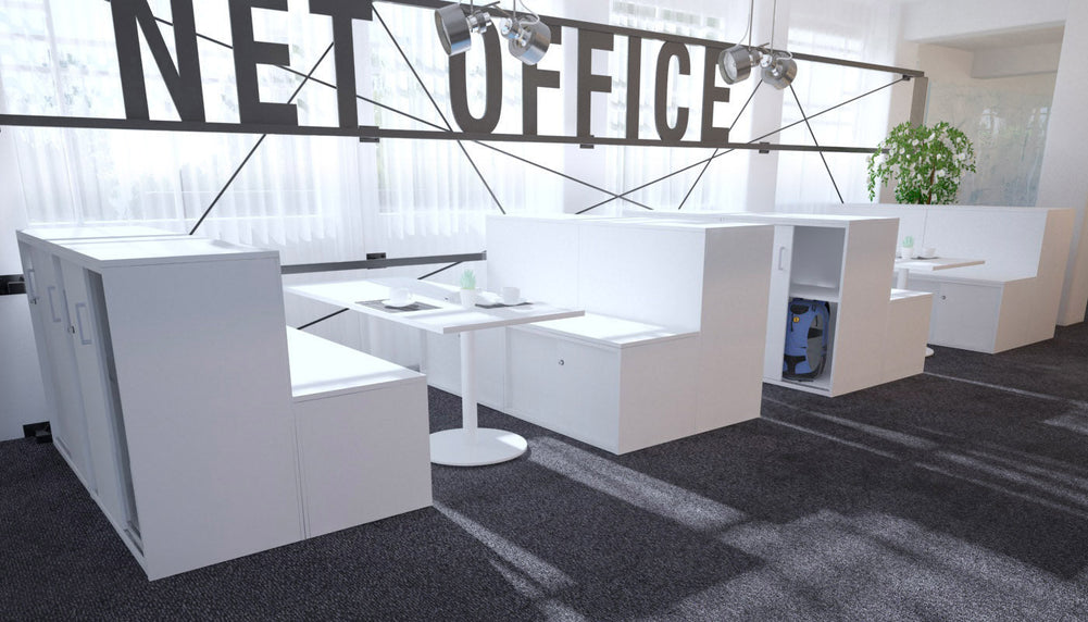 Uniform Activity Module - Med Sliding 2 Door Credenza with Low Sliding 2 Door Credenza [White Handle]-Wenge  