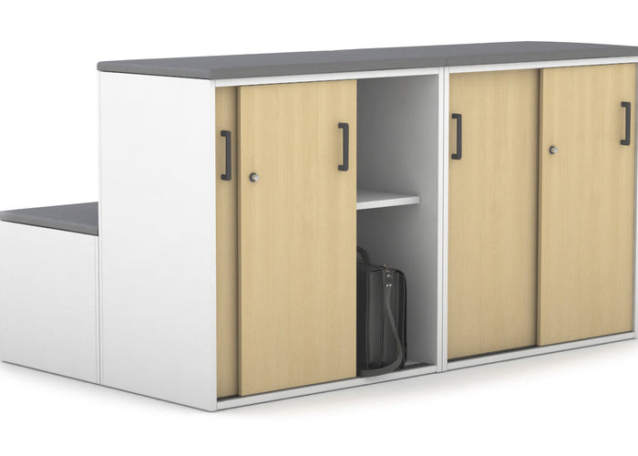 Uniform Activity Module - Med Sliding 4 Door Credenza with Low Sliding 4 Door Credenza - Seat Cushion [Black Handle] Jasonl Slate grey maple 