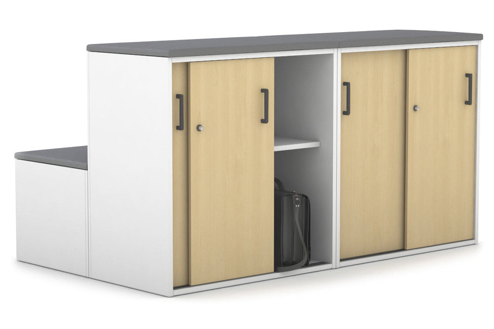 Uniform Activity Module - Med Sliding 4 Door Credenza with Low Sliding 4 Door Credenza - Seat Cushion [Black Handle]-Slate grey maple  