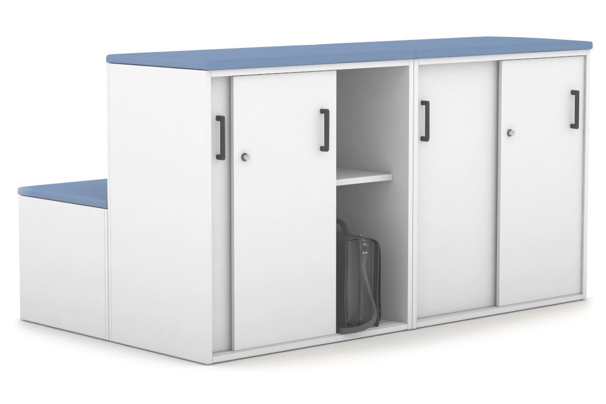 Uniform Activity Module - Med Sliding 4 Door Credenza with Low Sliding 4 Door Credenza - Seat Cushion [Black Handle] Jasonl Cosmo blue white 