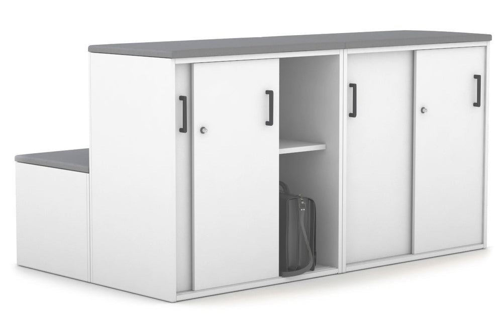 Uniform Activity Module - Med Sliding 4 Door Credenza with Low Sliding 4 Door Credenza - Seat Cushion [Black Handle]-Slate grey white  