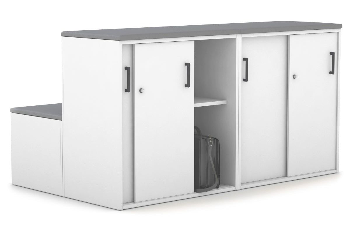 Uniform Activity Module - Med Sliding 4 Door Credenza with Low Sliding 4 Door Credenza - Seat Cushion [Black Handle] Jasonl Slate grey white 