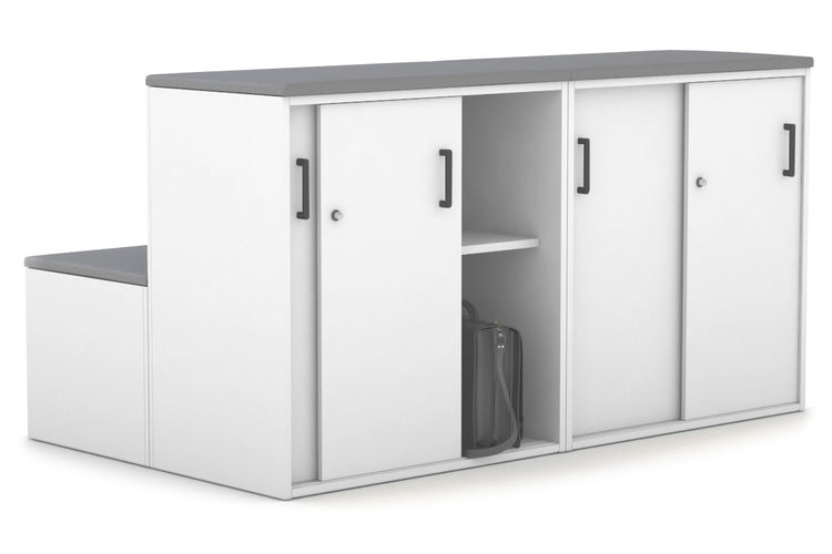 Uniform Activity Module - Med Sliding 4 Door Credenza with Low Sliding 4 Door Credenza - Seat Cushion [Black Handle] Jasonl Slate grey white 