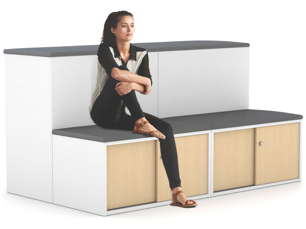 Uniform Activity Module - Med Sliding 4 Door Credenza with Low Sliding 4 Door Credenza - Seat Cushion [Silver Handle]-Squash orange wenge  