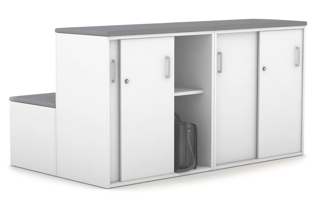Uniform Activity Module - Med Sliding 4 Door Credenza with Low Sliding 4 Door Credenza - Seat Cushion [Silver Handle]-Slate grey white  
