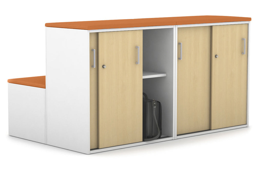 Uniform Activity Module - Med Sliding 4 Door Credenza with Low Sliding 4 Door Credenza - Seat Cushion [Silver Handle]-Squash orange maple  