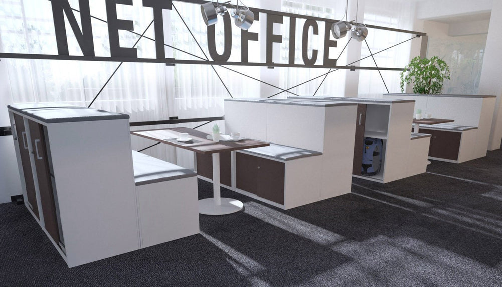 Uniform Activity Module - Med Sliding 4 Door Credenza with Low Sliding 4 Door Credenza - Seat Cushion [Silver Handle]-Squash orange wenge  