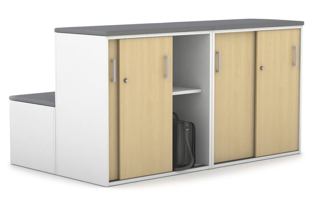 Uniform Activity Module - Med Sliding 4 Door Credenza with Low Sliding 4 Door Credenza - Seat Cushion [Silver Handle]-Slate grey maple  