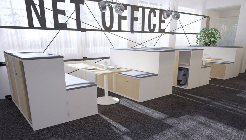 Uniform Activity Module - Med Sliding 4 Door Credenza with Low Sliding 4 Door Credenza - Seat Cushion [White Handle]-Squash orange wenge  