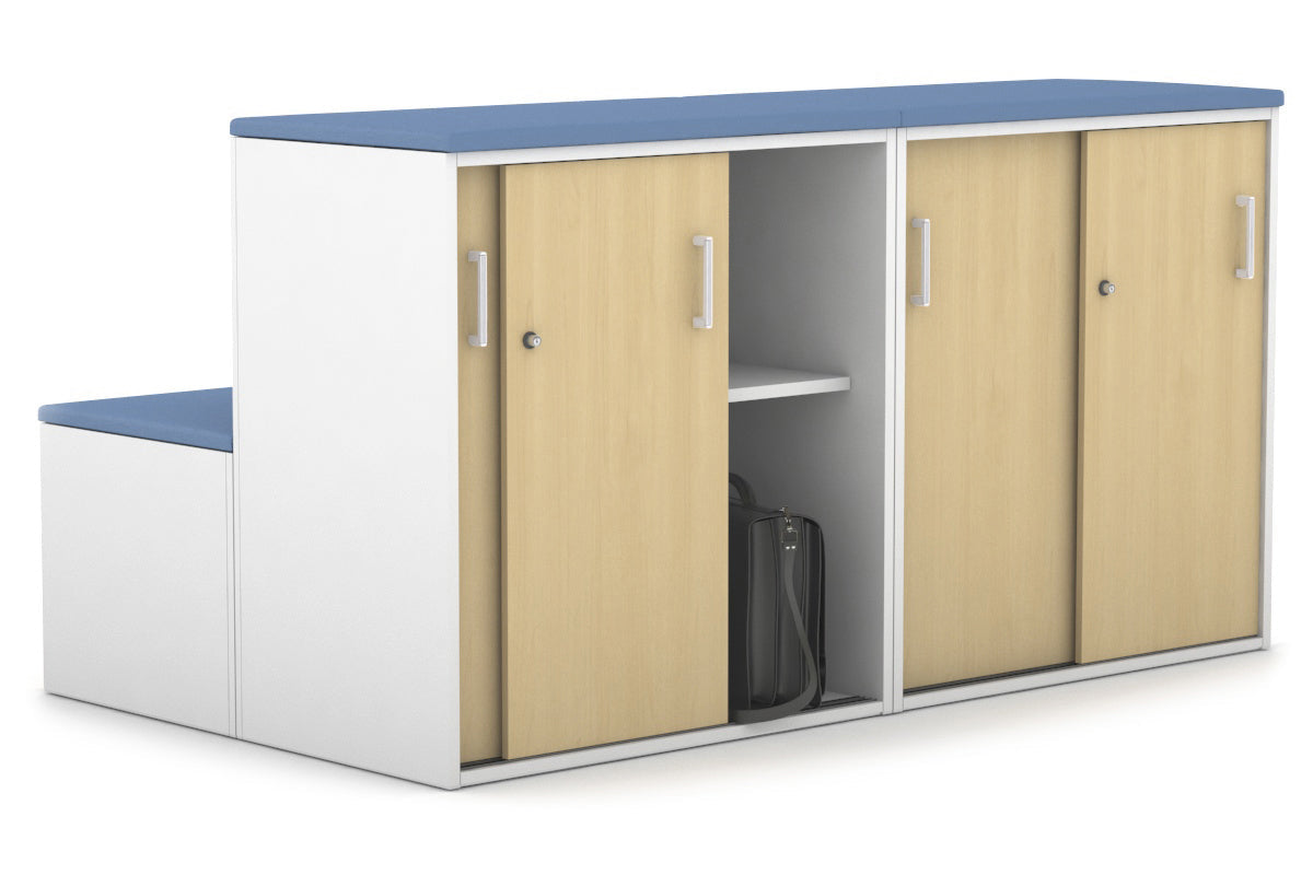 Uniform Activity Module - Med Sliding 4 Door Credenza with Low Sliding 4 Door Credenza - Seat Cushion [White Handle] Jasonl Cosmo blue maple 