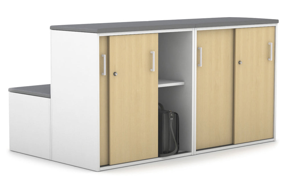 Uniform Activity Module - Med Sliding 4 Door Credenza with Low Sliding 4 Door Credenza - Seat Cushion [White Handle]-Slate grey maple  
