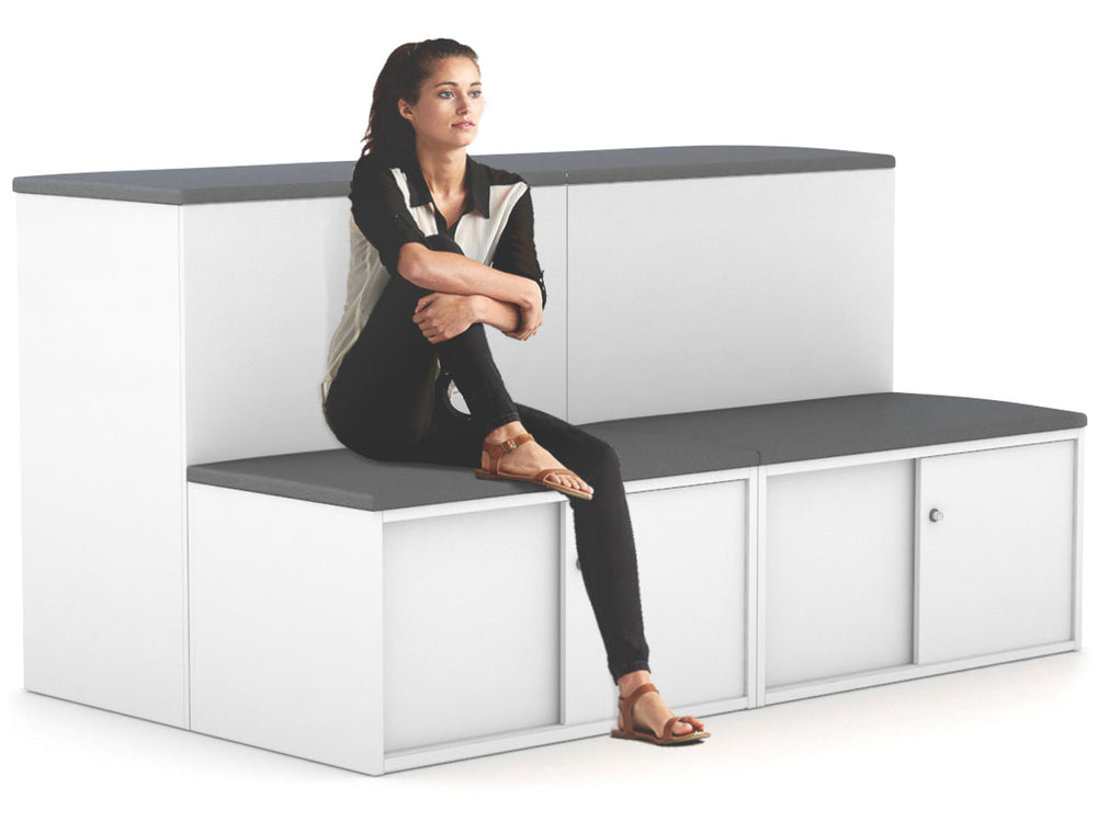 Uniform Activity Module - Med Sliding 4 Door Credenza with Low Sliding 4 Door Credenza - Seat Cushion [White Handle]-Squash orange wenge  