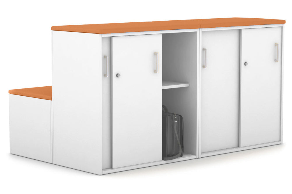 Uniform Activity Module - Med Sliding 4 Door Credenza with Low Sliding 4 Door Credenza - Seat Cushion [White Handle]-Squash orange white  