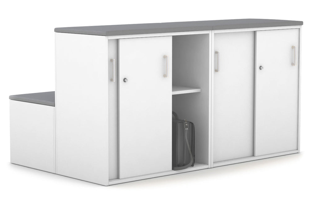 Uniform Activity Module - Med Sliding 4 Door Credenza with Low Sliding 4 Door Credenza - Seat Cushion [White Handle]-Slate grey white  