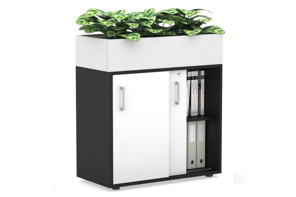Uniform Credenza + Planter Box [800W x 975H x 428D]-Black white silver handle