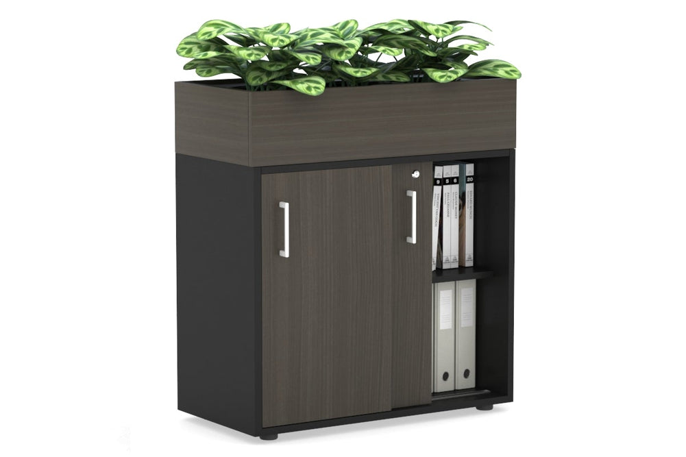 Uniform Credenza + Planter Box [800W x 975H x 428D]-Black dark oak white handle