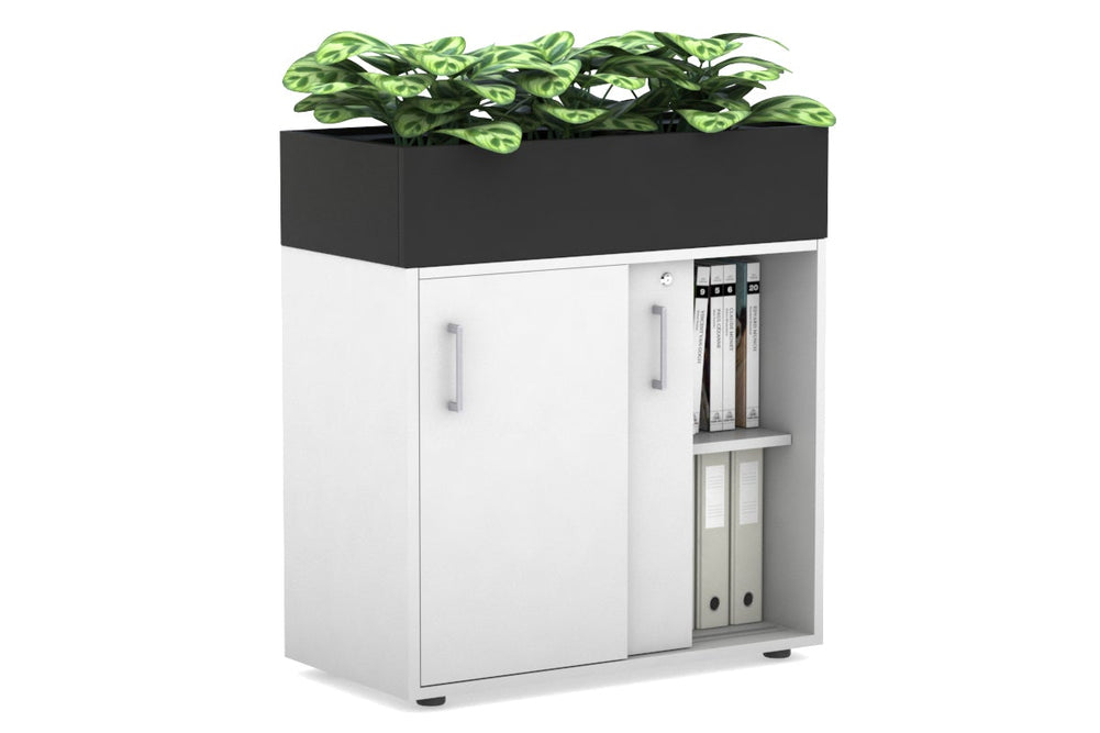 Uniform Credenza + Planter Box [800W x 975H x 428D]-White black silver handle