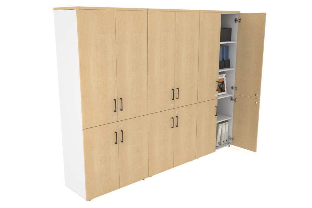 Uniform Large Storage Cupboard with Small & Medium Doors [2400W x 1870H x 450D]-White maple black handle
