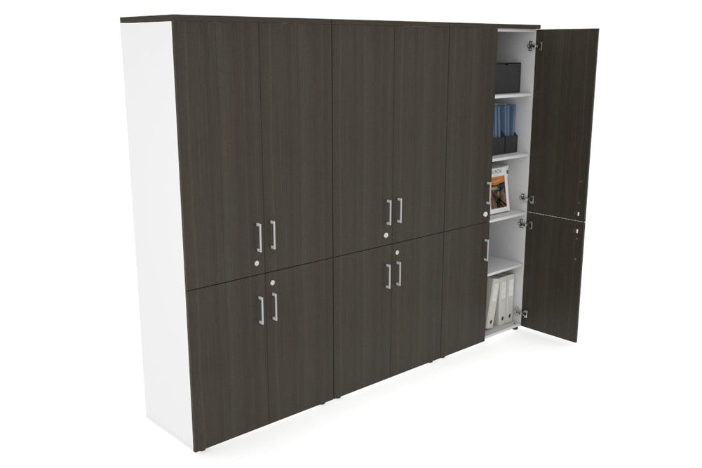 Uniform Large Storage Cupboard with Small & Medium Doors [2400W x 1870H x 450D]-White dark oak silver handle