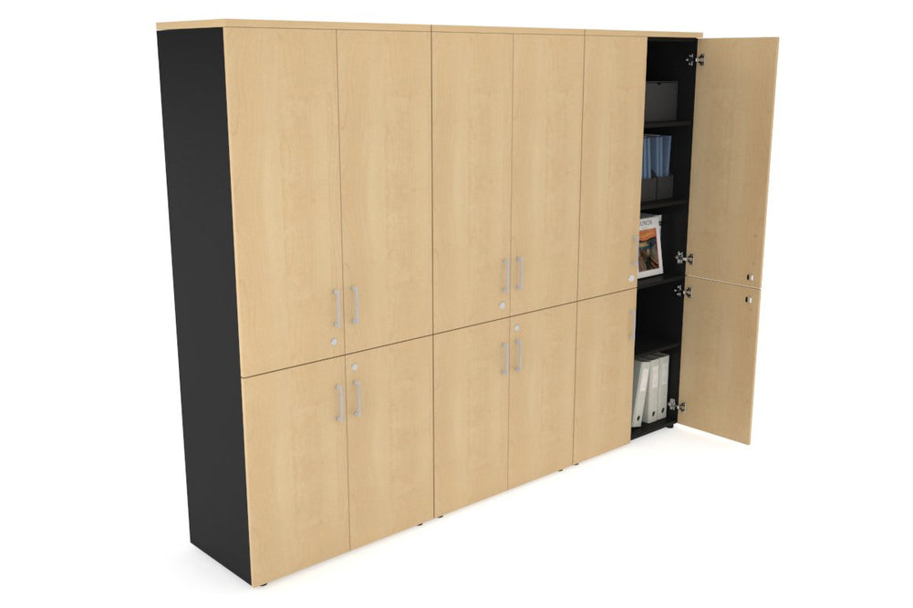 Uniform Large Storage Cupboard with Small & Medium Doors [2400W x 1870H x 450D]-Black maple white handle