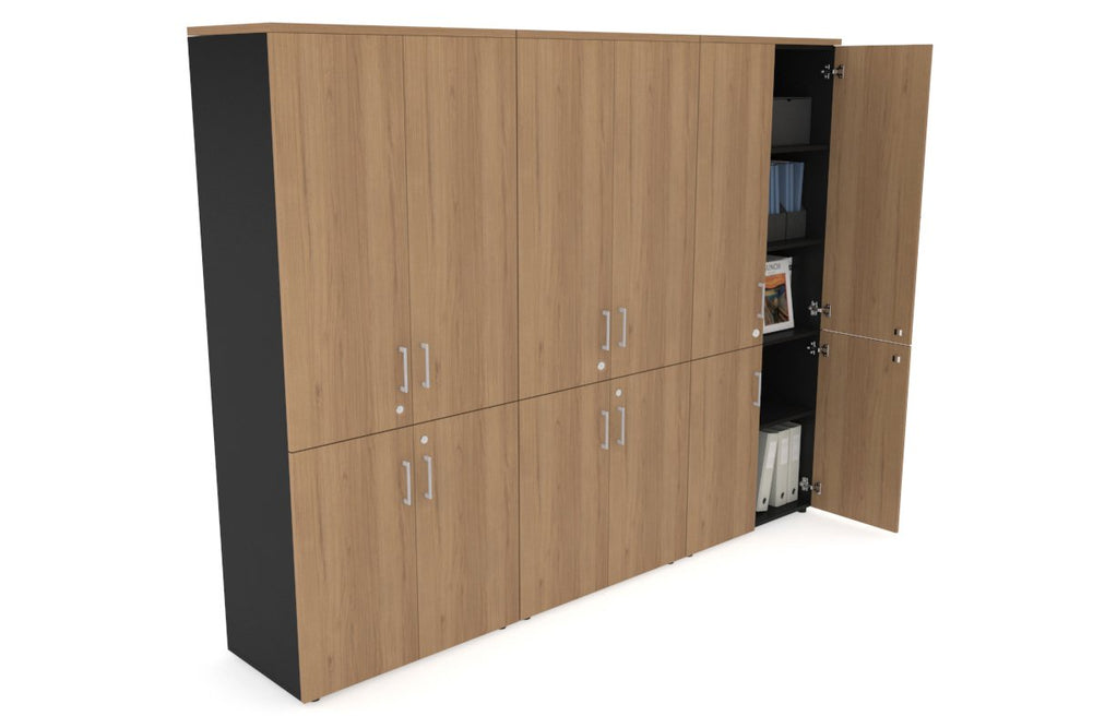 Uniform Large Storage Cupboard with Small & Medium Doors [2400W x 1870H x 450D]-Black salvage oak white handle