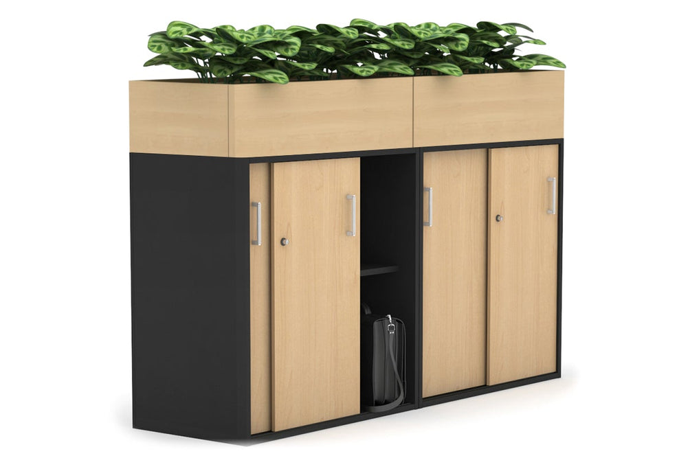 Uniform Medium Credenza + Planter Box [1600W x 1125H x 428D]-Black maple white handle