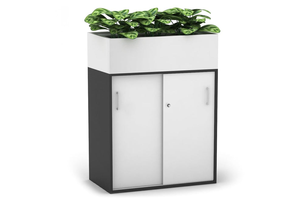 Uniform Medium Credenza + Planter Box [800W x 1125H x 428D]-Black white white handle