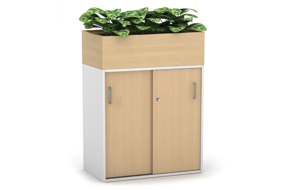 Uniform Medium Credenza + Planter Box [800W x 1125H x 428D]-White maple silver handle