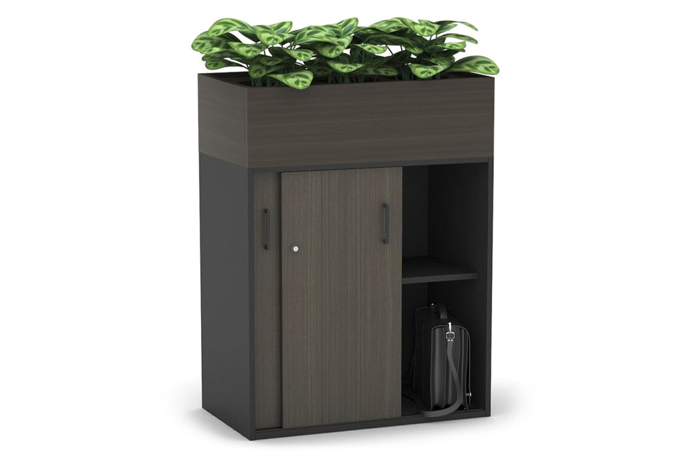Uniform Medium Credenza + Planter Box [800W x 1125H x 428D]-Black dark oak black handle