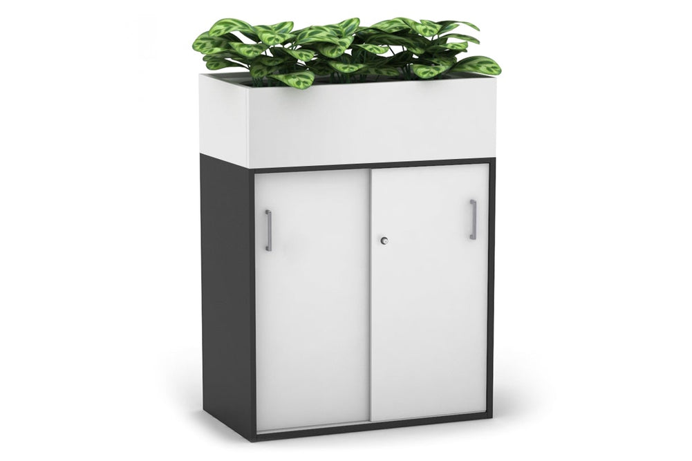 Uniform Medium Credenza + Planter Box [800W x 1125H x 428D]-Black white silver handle
